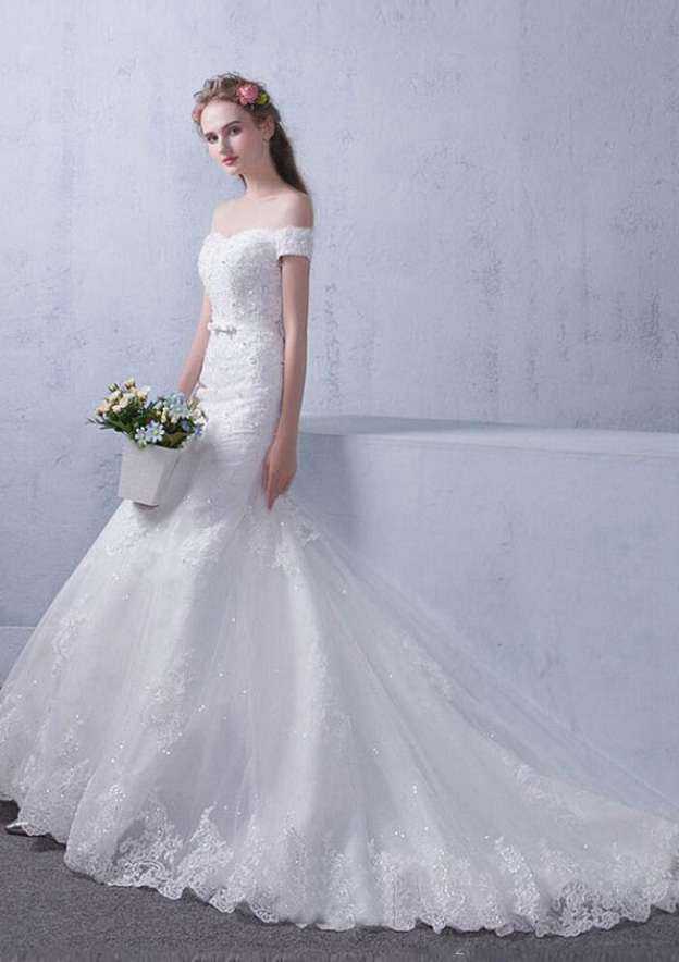 Beaded Off-The-Shoulder Trumpet/Mermaid Wedding Dress with Court Train in Lace BM bride