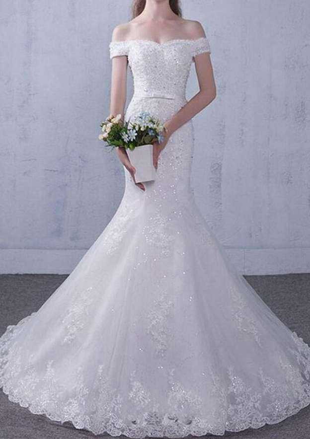 Beaded Off-The-Shoulder Trumpet/Mermaid Wedding Dress with Court Train in Lace BM bride