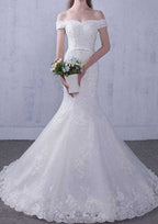 Beaded Off-The-Shoulder Trumpet/Mermaid Wedding Dress with Court Train in Lace BM bride