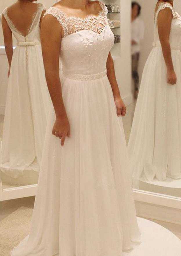 Delicate Lace Bateau Chiffon A-Line/Princess Wedding Dress with Sweep Train BM bride