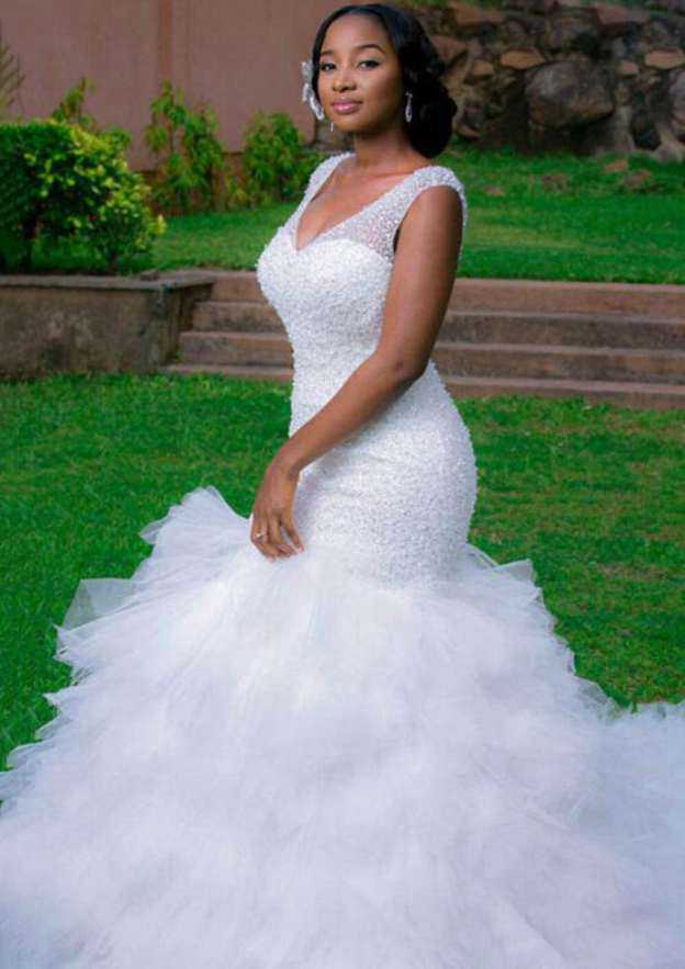 Elegant V-Neck Sleeveless Chapel Train Tulle Wedding Dress with Shimmering Beaded Accents in Trumpet/Mermaid Fit BM bride