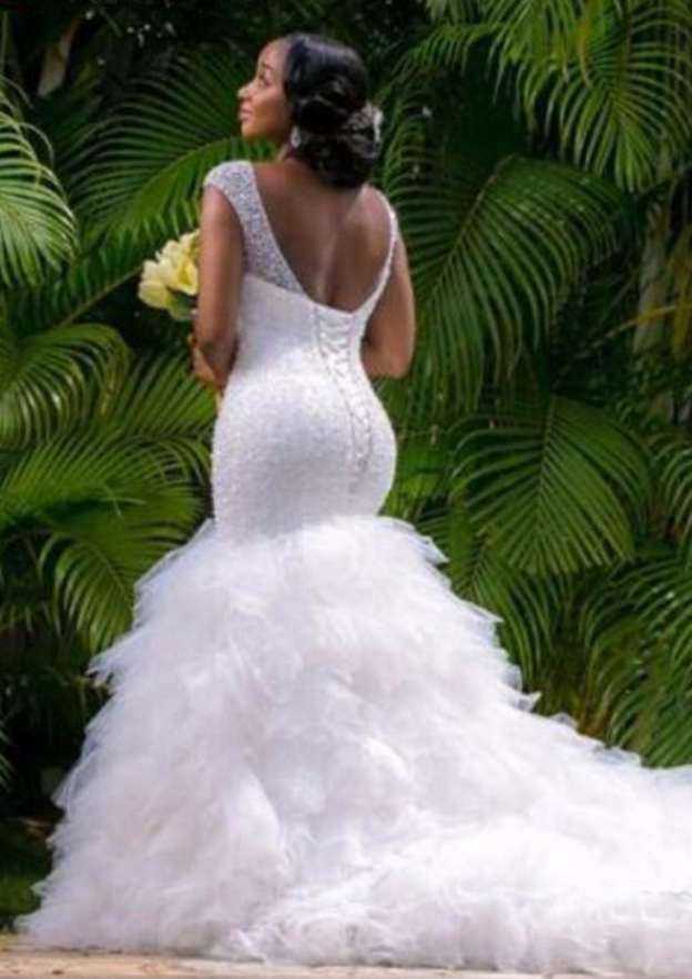 Elegant V-Neck Sleeveless Chapel Train Tulle Wedding Dress with Shimmering Beaded Accents in Trumpet/Mermaid Fit BM bride