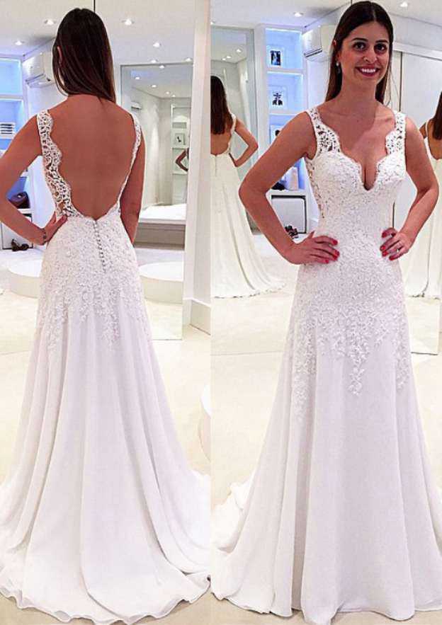 Charming Appliqued Sleeveless Sweetheart Chiffon A-Line/Princess Wedding Dress with Sweep Train BM bride