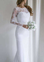 Sophisticated Lace Sheath/Column Wedding Dress with Bateau Neck and Court Train BM bride