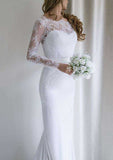 Sophisticated Lace Sheath/Column Wedding Dress with Bateau Neck and Court Train BM bride