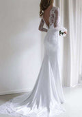 Sophisticated Lace Sheath/Column Wedding Dress with Bateau Neck and Court Train BM bride