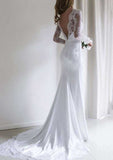 Sophisticated Lace Sheath/Column Wedding Dress with Bateau Neck and Court Train BM bride