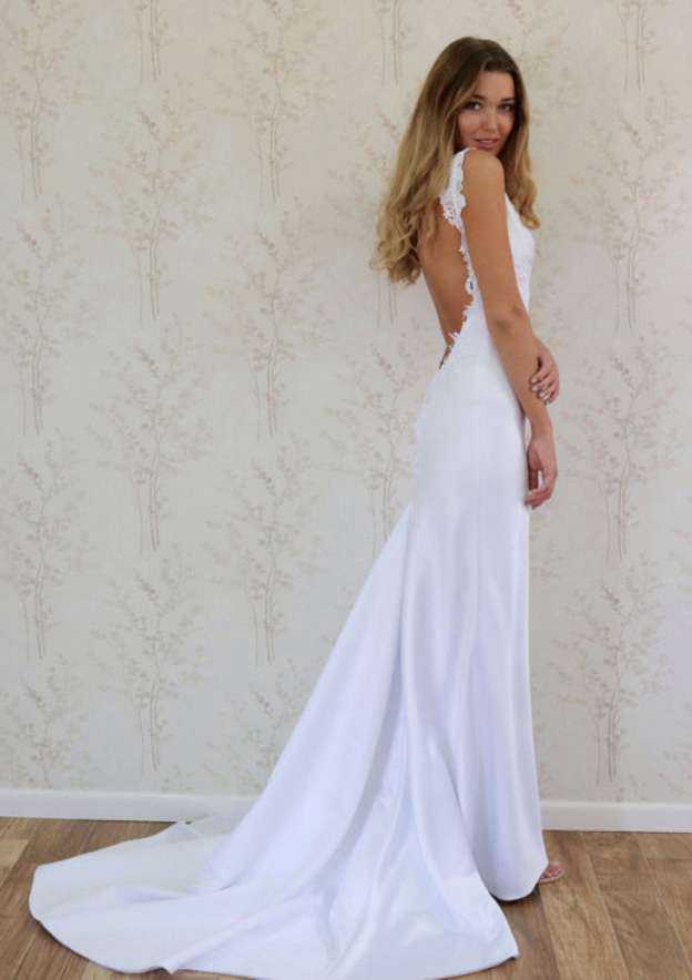 Appliqued V-Neck Satin Sheath/Column Wedding Dress with Court Train BM bride
