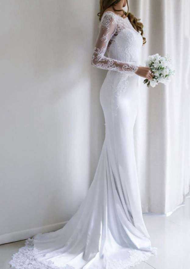 Sophisticated Lace Sheath/Column Wedding Dress with Bateau Neck and Court Train BM bride
