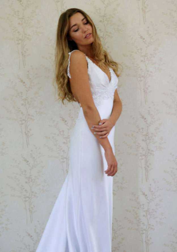 Appliqued V-Neck Satin Sheath/Column Wedding Dress with Court Train BM bride