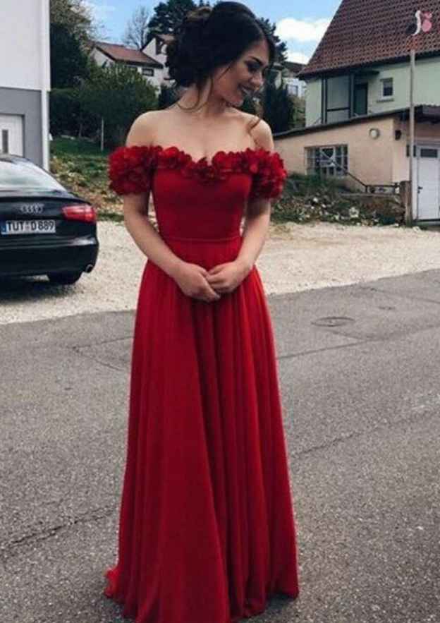Floor-Length Chiffon Prom Dress, A-Line/Princess Style, Off-The-Shoulder, Short Sleeve, With Flowers BM bride