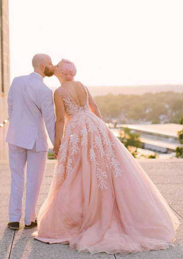 Sophisticated V-Neck Court Train Tulle Wedding Dress with Appliqued Details in A-Line/Princess Silhouette BM bride