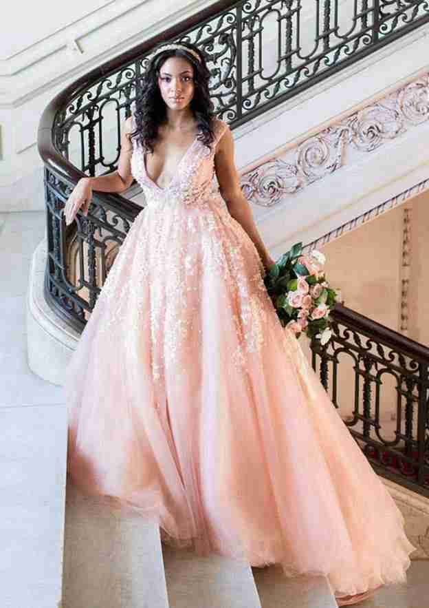 Sophisticated V-Neck Court Train Tulle Wedding Dress with Appliqued Details in A-Line/Princess Silhouette BM bride
