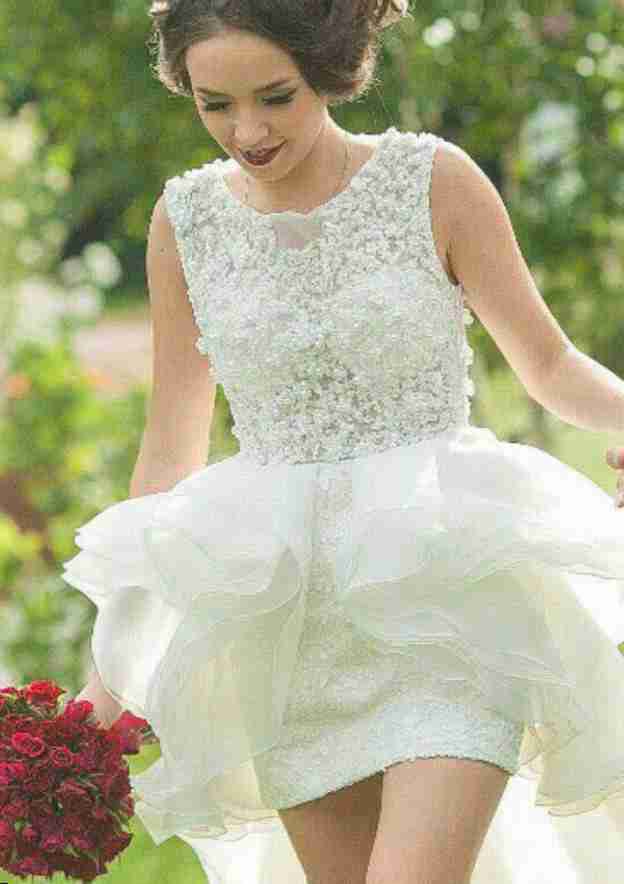 Lace Sheath/Column Bateau Wedding Dress with Sweep Train and Organza Fabric BM bride