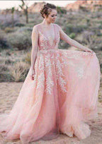 Sophisticated V-Neck Court Train Tulle Wedding Dress with Appliqued Details in A-Line/Princess Silhouette BM bride