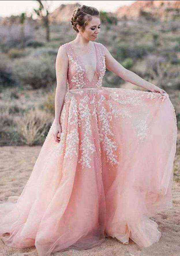 Sophisticated V-Neck Court Train Tulle Wedding Dress with Appliqued Details in A-Line/Princess Silhouette BM bride