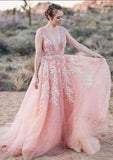 Sophisticated V-Neck Court Train Tulle Wedding Dress with Appliqued Details in A-Line/Princess Silhouette BM bride