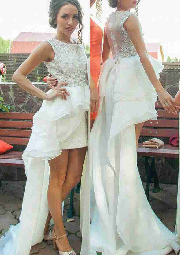 Lace Sheath/Column Bateau Wedding Dress with Sweep Train and Organza Fabric BM bride