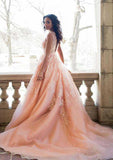 Sophisticated V-Neck Court Train Tulle Wedding Dress with Appliqued Details in A-Line/Princess Silhouette BM bride