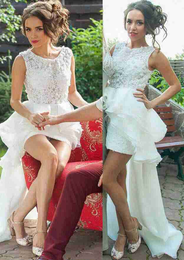 Lace Sheath/Column Bateau Wedding Dress with Sweep Train and Organza Fabric BM bride