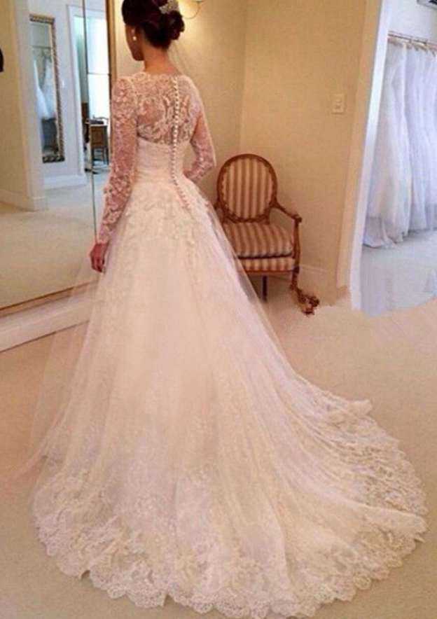 Chic Scalloped Neck Lace A-Line/Princess Wedding Dress with Court Train BM bride