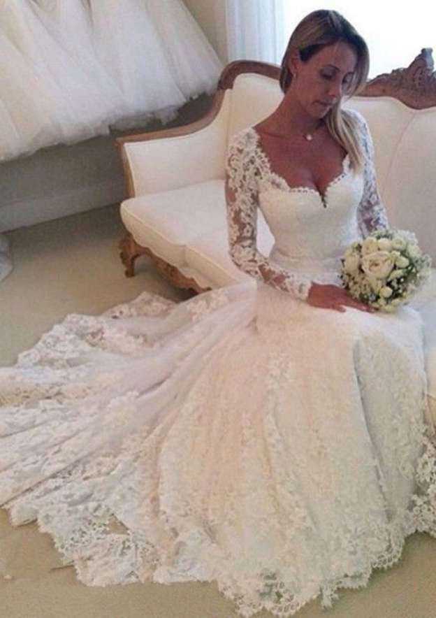 Chic Scalloped Neck Lace A-Line/Princess Wedding Dress with Court Train BM bride