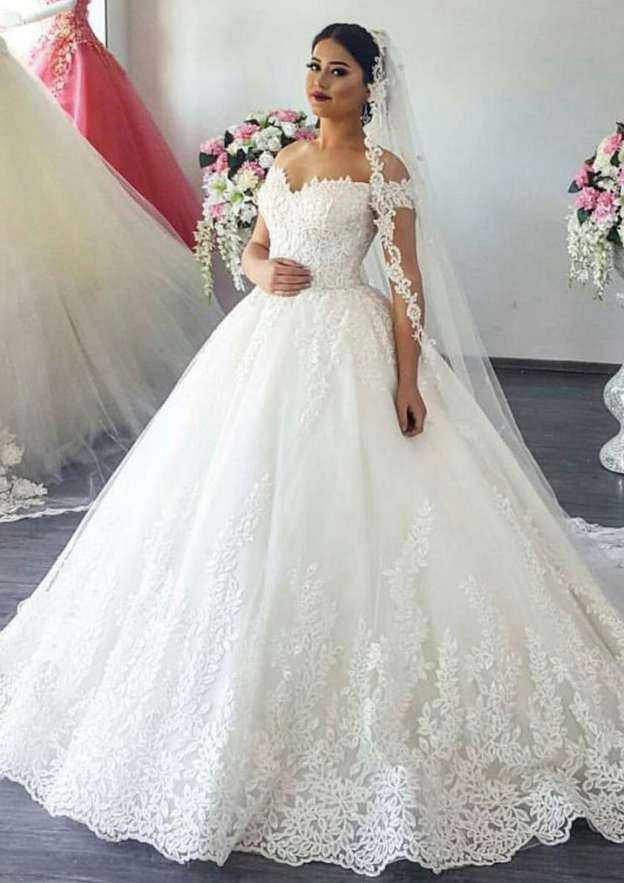 Romantic Lace Ball Gown Wedding Dress with Off-the-Shoulder Design and Court Train with Applique BM bride
