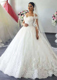 Romantic Lace Ball Gown Wedding Dress with Off-the-Shoulder Design and Court Train with Applique BM bride