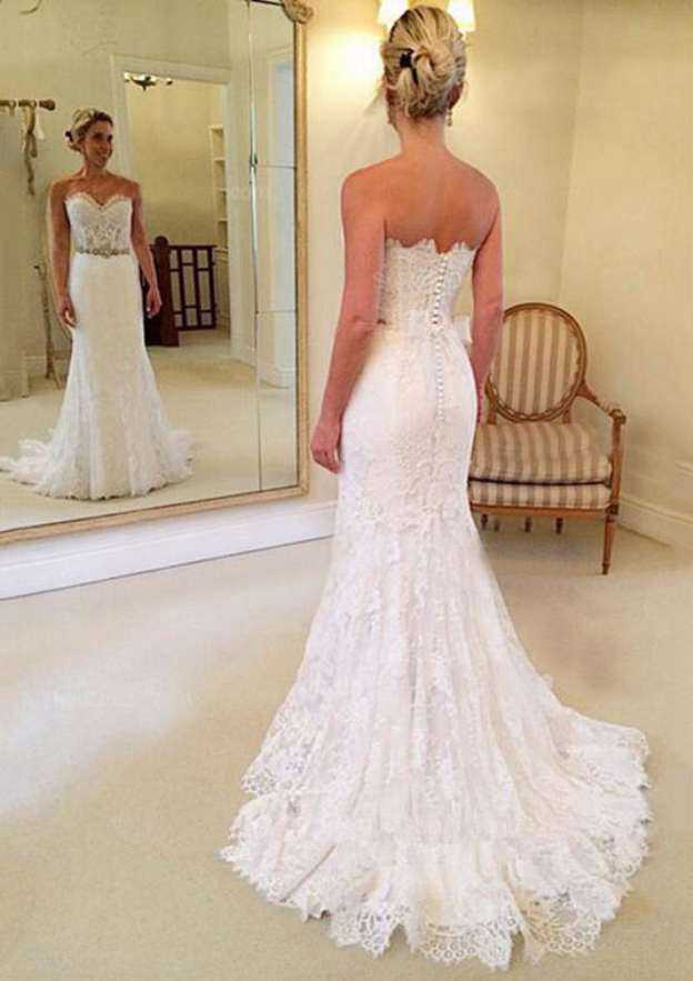 Chic Waistband Strapless Lace A-Line Wedding Dress with Court Train BM bride