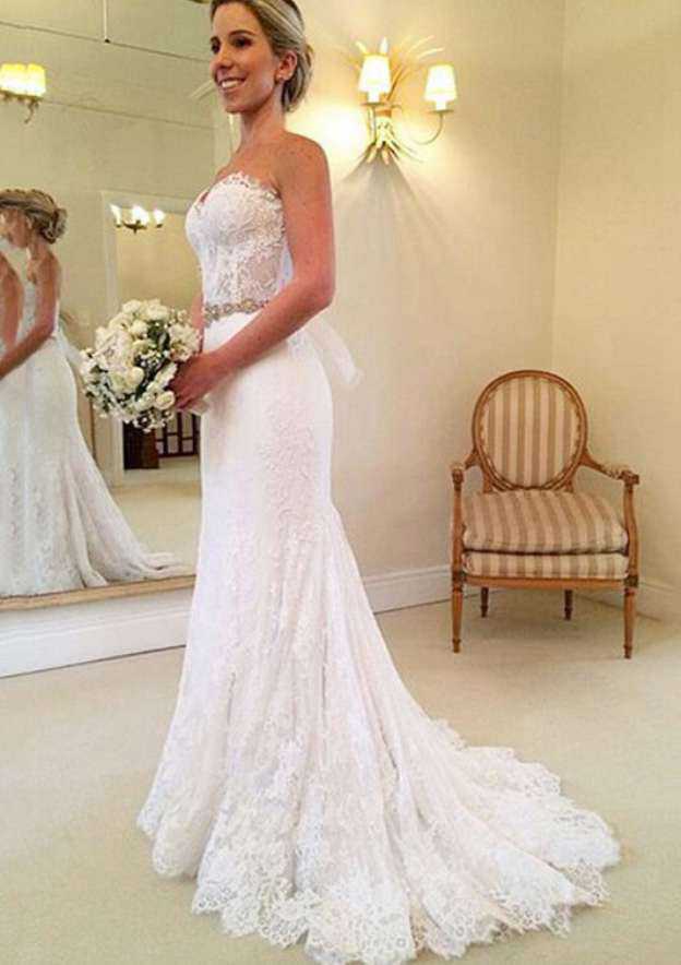 Chic Waistband Strapless Lace A-Line Wedding Dress with Court Train BM bride