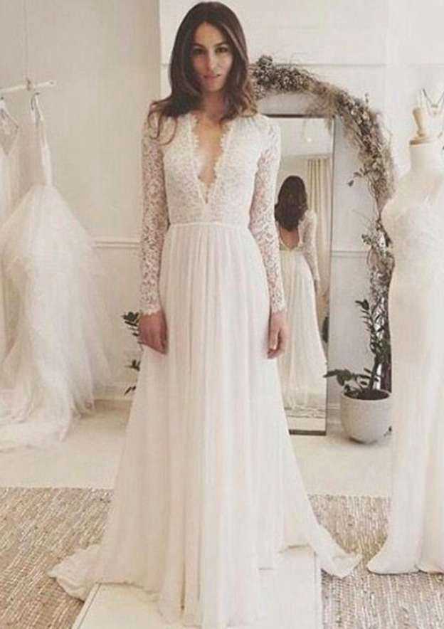 Classic Lace A-Line/Princess Chiffon Wedding Dress with Sweep Train BM bride