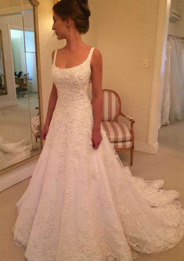 Beaded Scoop Neck Lace A-Line Wedding Dress with Court Train BM bride