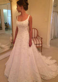 Beaded Scoop Neck Lace A-Line Wedding Dress with Court Train BM bride