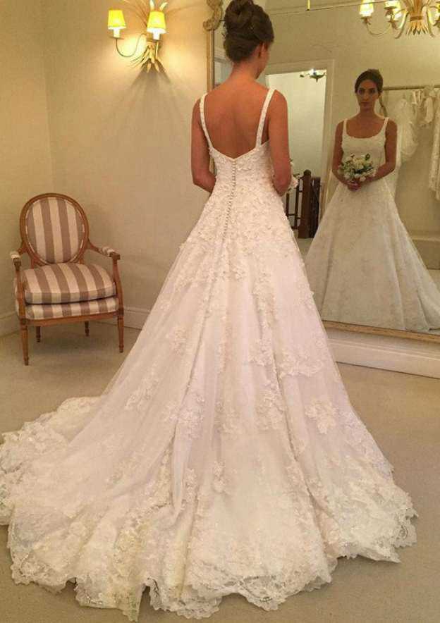 Beaded Scoop Neck Lace A-Line Wedding Dress with Court Train BM bride