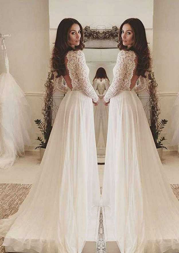 Classic Lace A-Line/Princess Chiffon Wedding Dress with Sweep Train BM bride