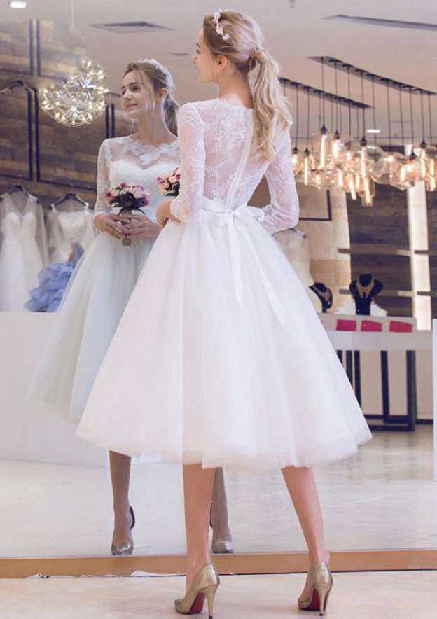Lace Bateau Tulle A-Line/Princess Wedding Dress with Tea-Length Skirt BM bride
