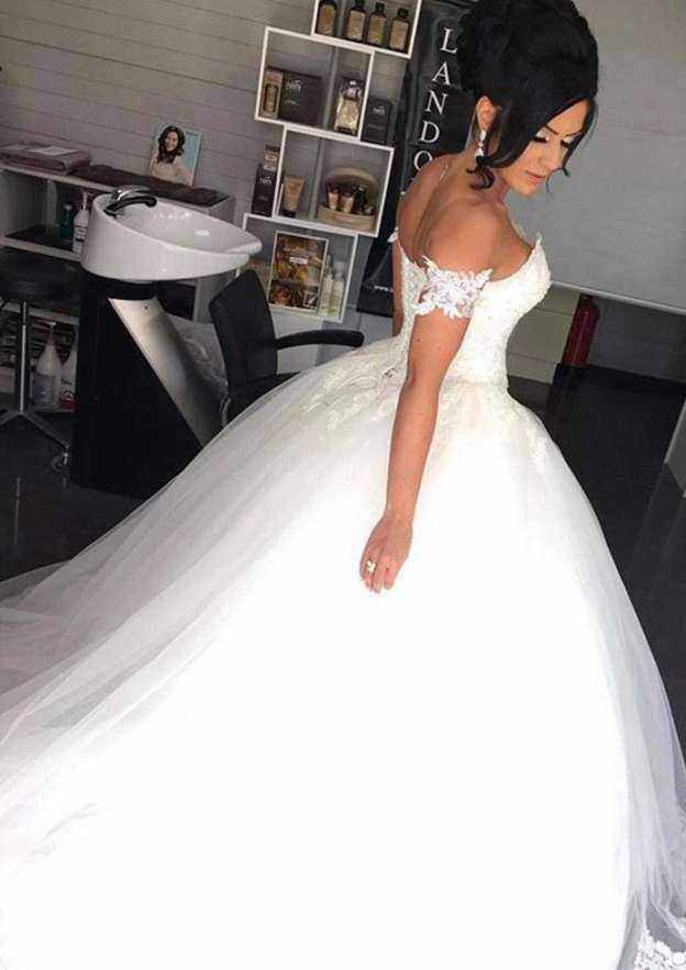 Off-The-Shoulder Appliqued Lace A-Line Wedding Dress with Chapel Train BM bride