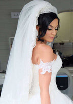 Off-The-Shoulder Appliqued Lace A-Line Wedding Dress with Chapel Train BM bride
