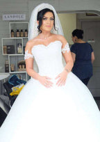 Off-The-Shoulder Appliqued Lace A-Line Wedding Dress with Chapel Train BM bride
