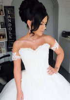 Off-The-Shoulder Appliqued Lace A-Line Wedding Dress with Chapel Train BM bride