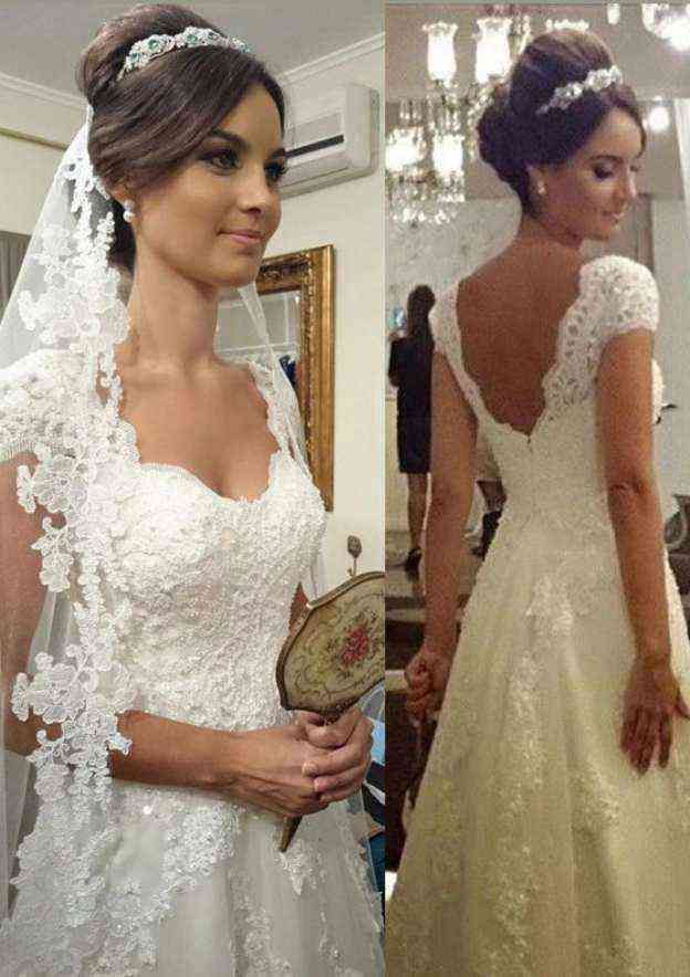 Sweetheart A-Line Tulle Wedding Dress with Short Sleeves and Zipper Closure BM bride