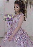 Beautiful Bateau Court Train Lace Wedding Dress with Appliqued Details in A-Line/Princess Style BM bride