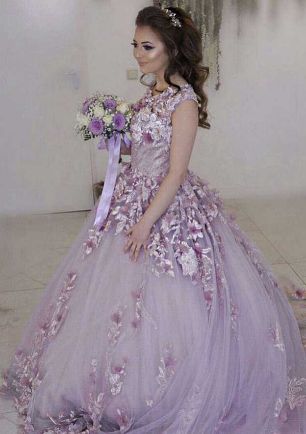 Beautiful Bateau Court Train Lace Wedding Dress with Appliqued Details in A-Line/Princess Style BM bride
