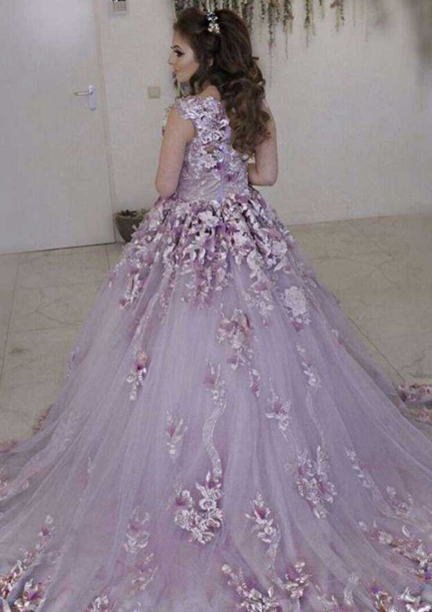 Beautiful Bateau Court Train Lace Wedding Dress with Appliqued Details in A-Line/Princess Style BM bride