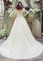 Romantic Lace Bowknot Tulle Ball Gown Strapless Wedding Dress with Court Train BM bride