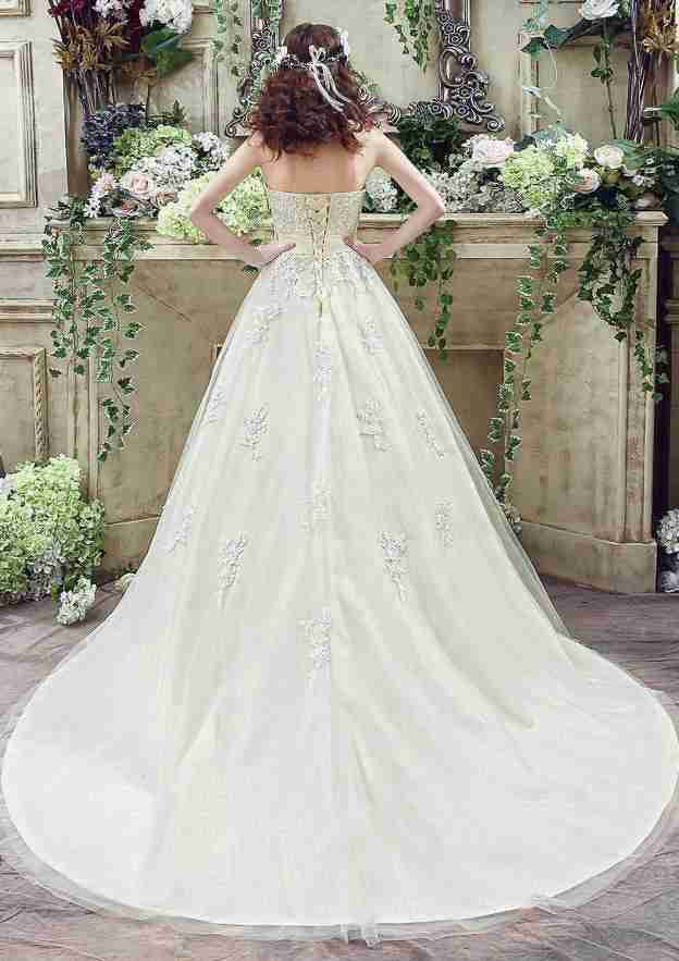 Romantic Lace Bowknot Tulle Ball Gown Strapless Wedding Dress with Court Train BM bride