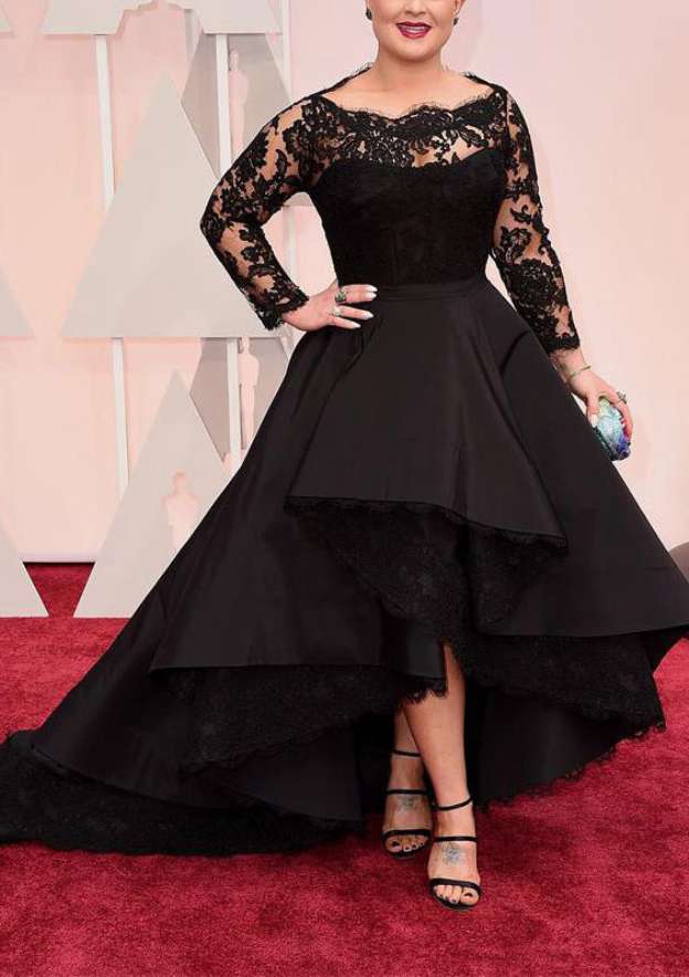 Prom Dress Ball Gown Bateau Full/Long Sleeve Asymmetrical Satin with Lace BM bride