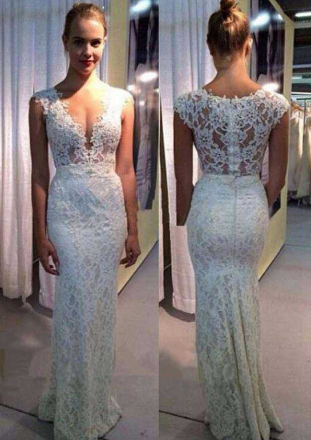 V-Neck Floor-Length Sheath Wedding Dress in Delicate Lace BM bride