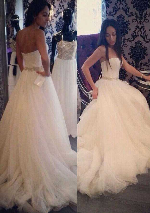 Waistband Strapless Tulle A-Line Wedding Dress with Court Train BM bride