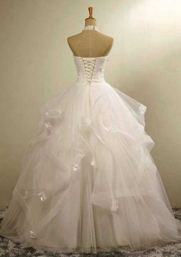 Beaded Halter Organza A-Line Wedding Dress with Long Skirt BM bride